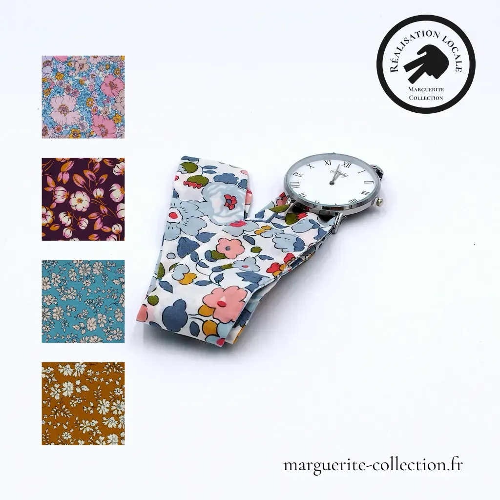 Marguerite-Collection_Montre_a_nouer_argent_Variation Marguerite Collection Montre a nouer argent Variation - Montre avec bracelet en tissu Liberty de qualité, à nouer autour du poignet. Plusieurs choix possibles de bracelets. Plusieurs types de cadrans proposés: Maxi dorée, Maxi argentée et Mini dorée. - 28,00 €